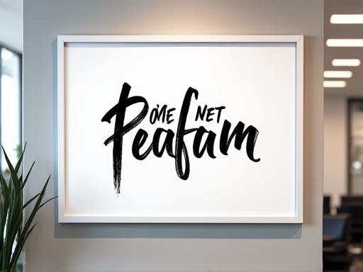 A powerful, modern calligraphy logo for a new company, framed on an office wall.