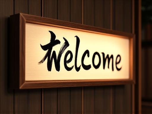 A 'Welcome' sign in elegant calligraphy for a traditional Japanese inn.