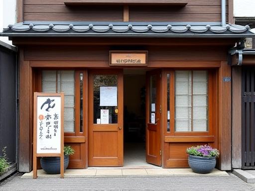 The charming storefront of Waryokushyo in Kyoto, with a traditional noren curtain.